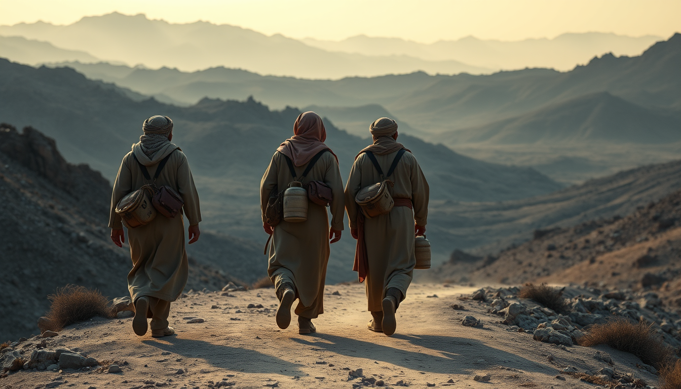 Main art studio: Three ancient Arabian travelers walking together on a long rocky mountain journey, still far away from any cave, carrying simple travel bags and water