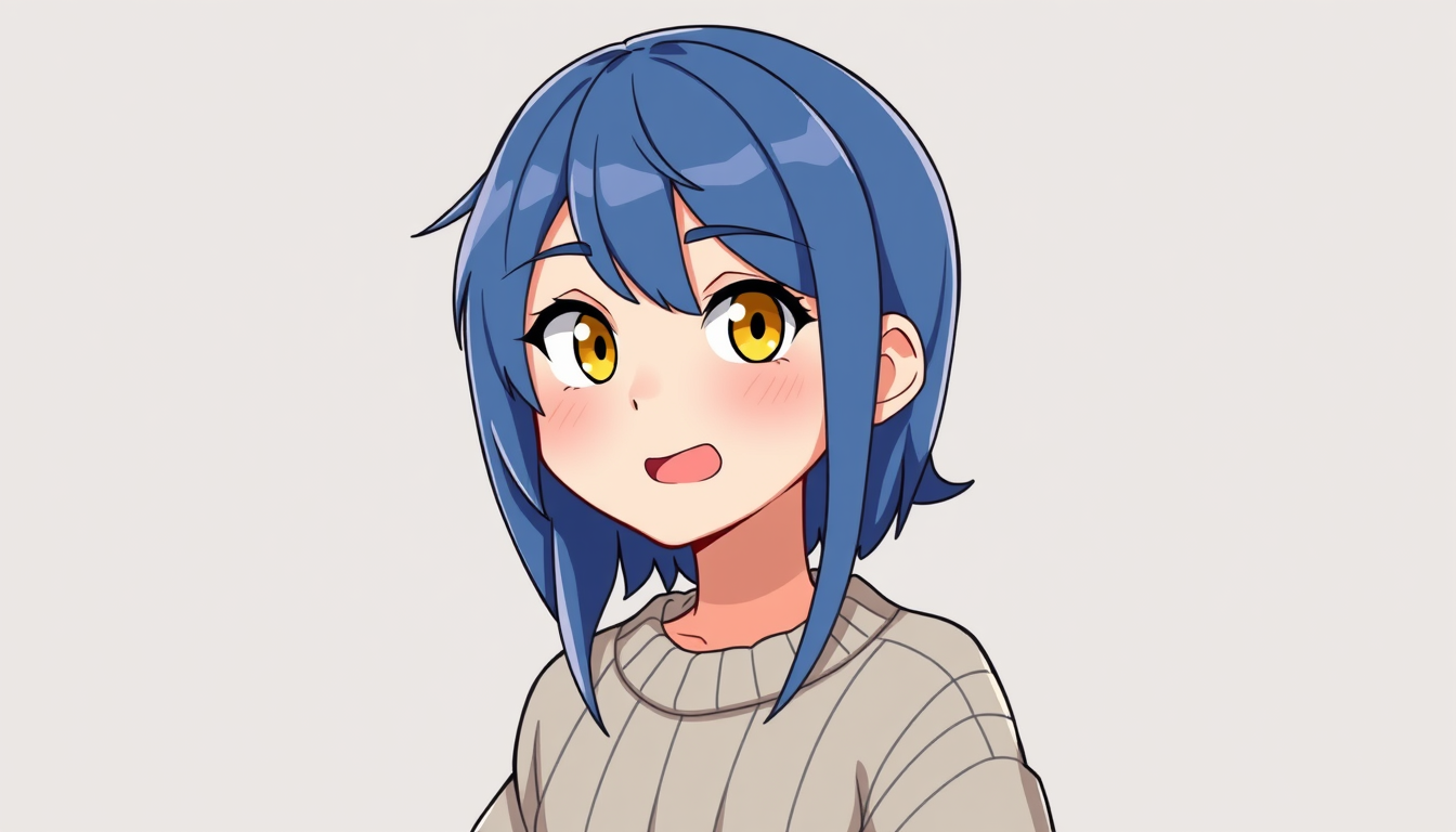 VTuber idea: vtuber avatar character, anime style, expressive face, streaming-ready design, Blue hair yellow eye and sweater , clean vtuber model illustration