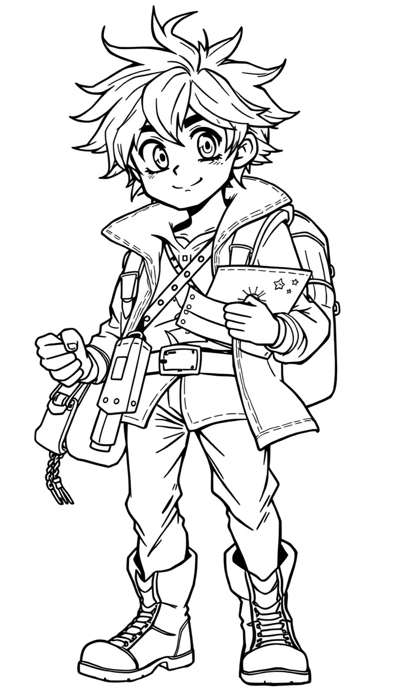 Main art studio: Original anime-inspired young male adventurer, full body, large expressive eyes, friendly confident smile, messy medium hair, fantasy jacket, shirt, b