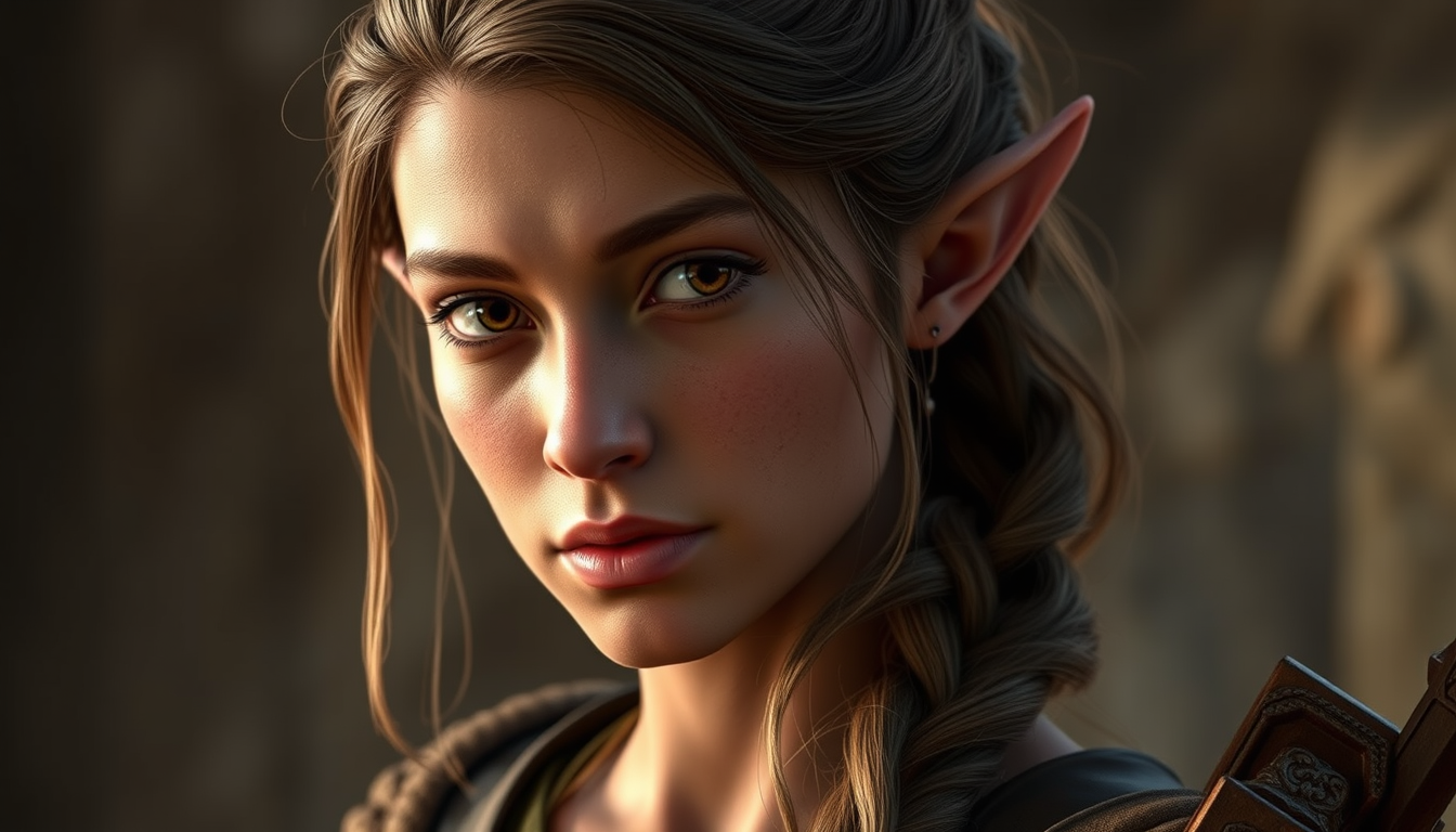Realistic Images idea: photorealistic generated image, natural materials and skin texture, physically plausible lighting, Hi, please create a 19-year-old female elf who is 1