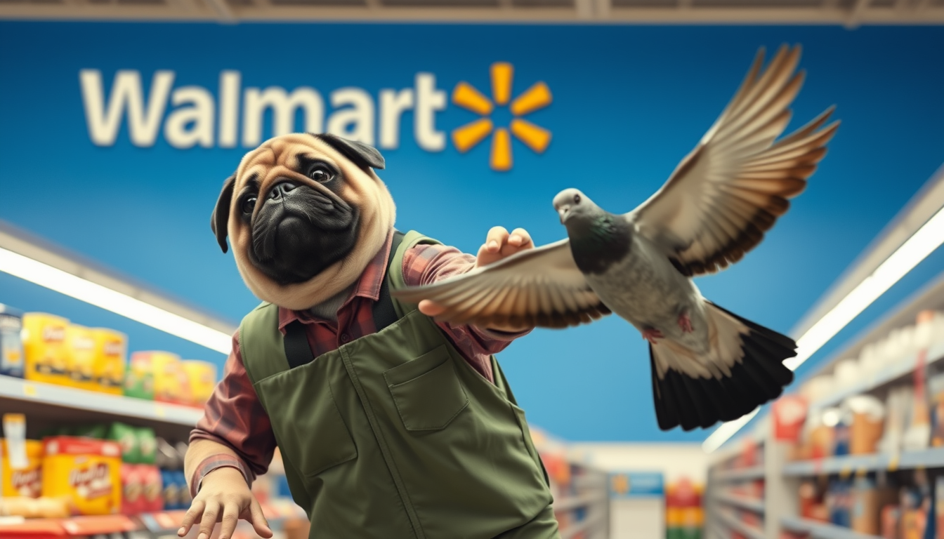Main art studio: A human with a pug head named gerald fighting a walmart custodian in a walmart on the top of a walmart shelf, with a singing pigeon flying around them
