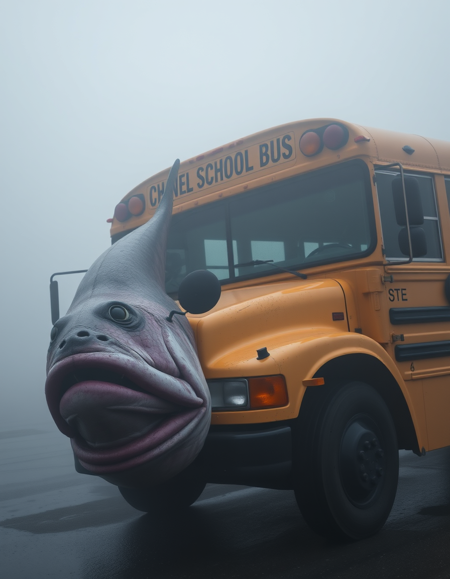 AI Art prompt example created from the prompt: Do a giant fish next to a schoolbus dead with the mouth Open background foggy