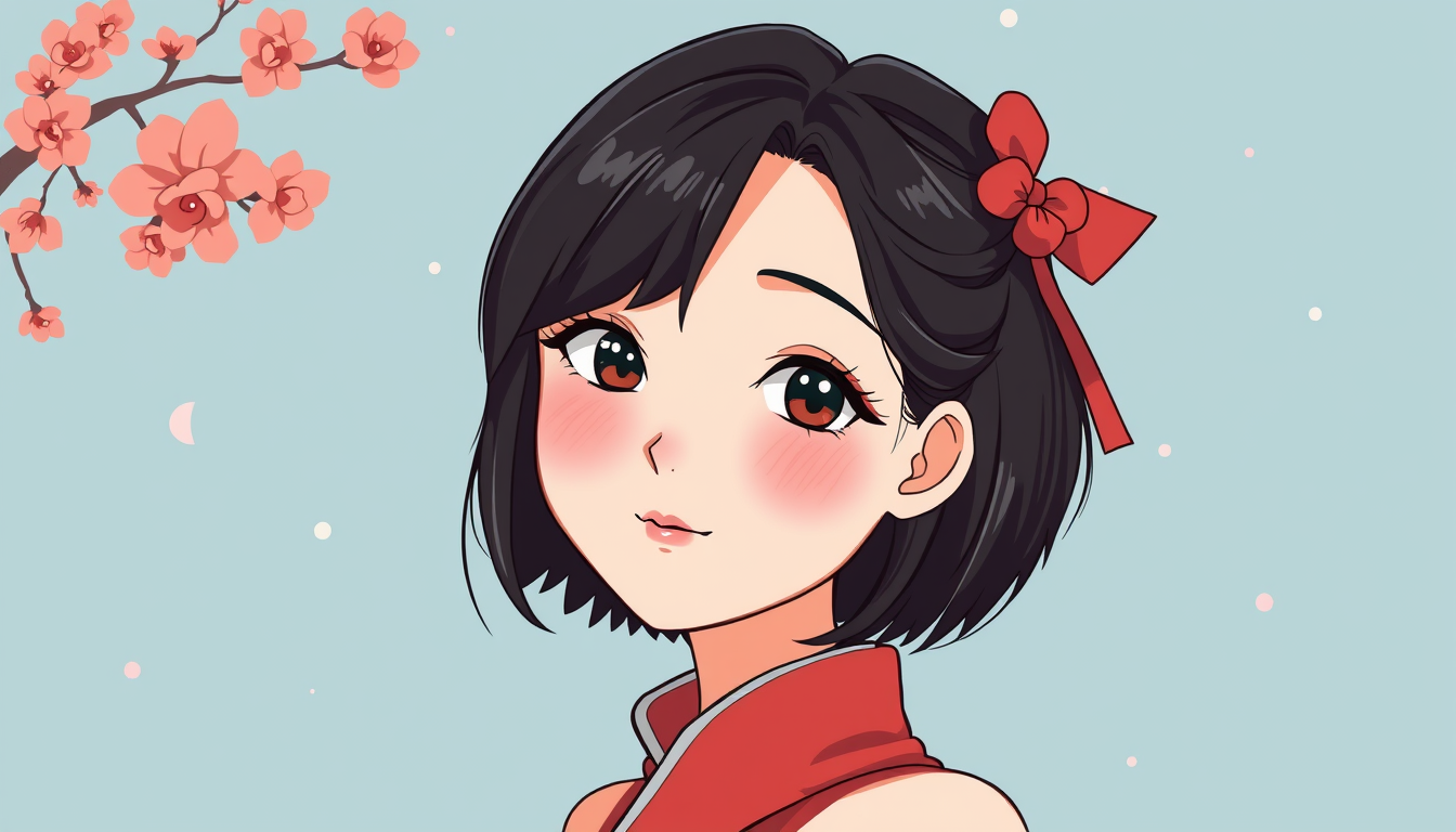 Main art studio: una chica de 15 años con flequillo de pelo medio negro asiatica estilo modo disney artstyle kawai oke