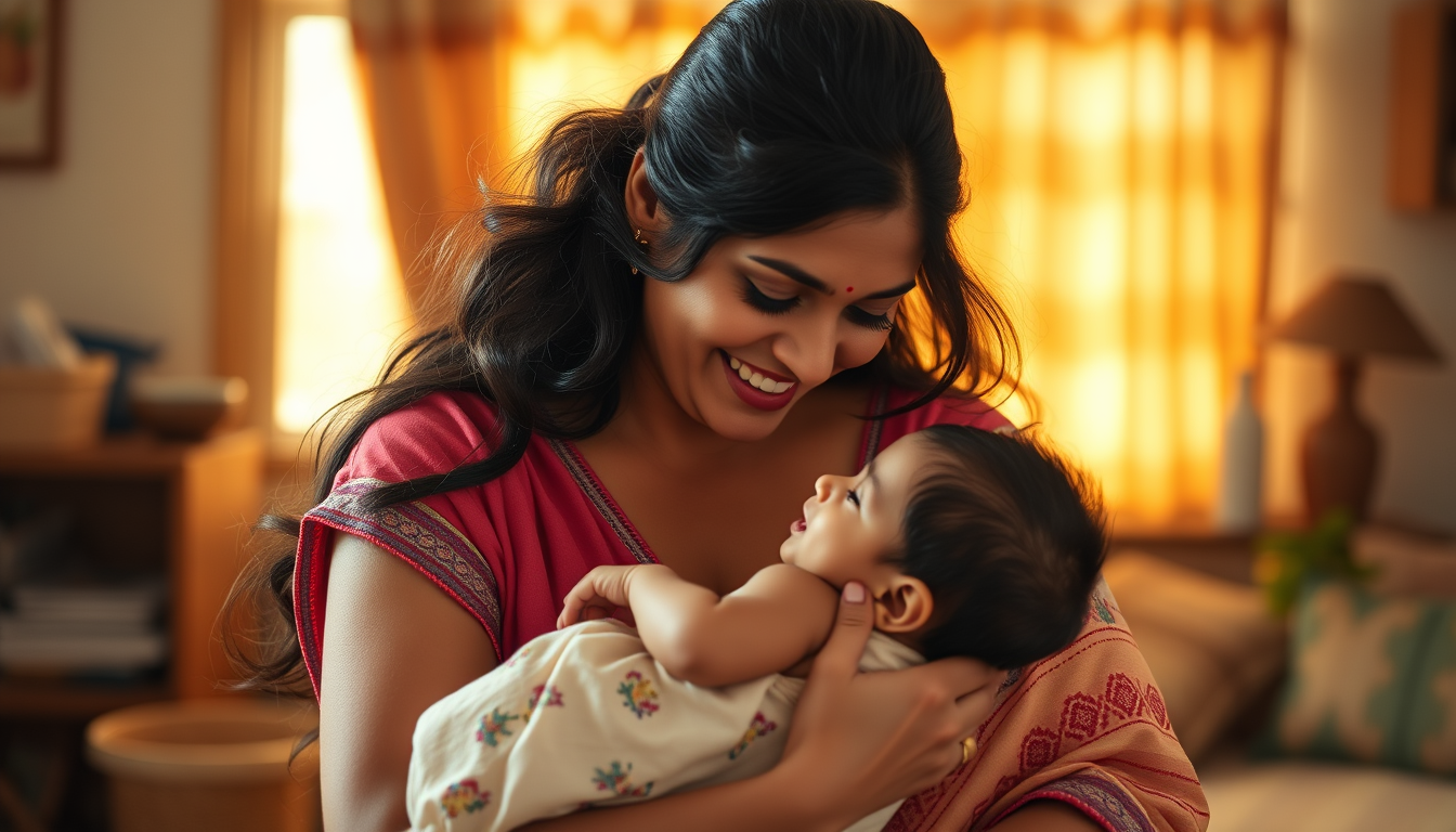 Main art studio: A loving Tamil mother holding her adorable baby close to her chest, gently smiling and cuddling the baby, baby peacefully resting in mother's arms, wa