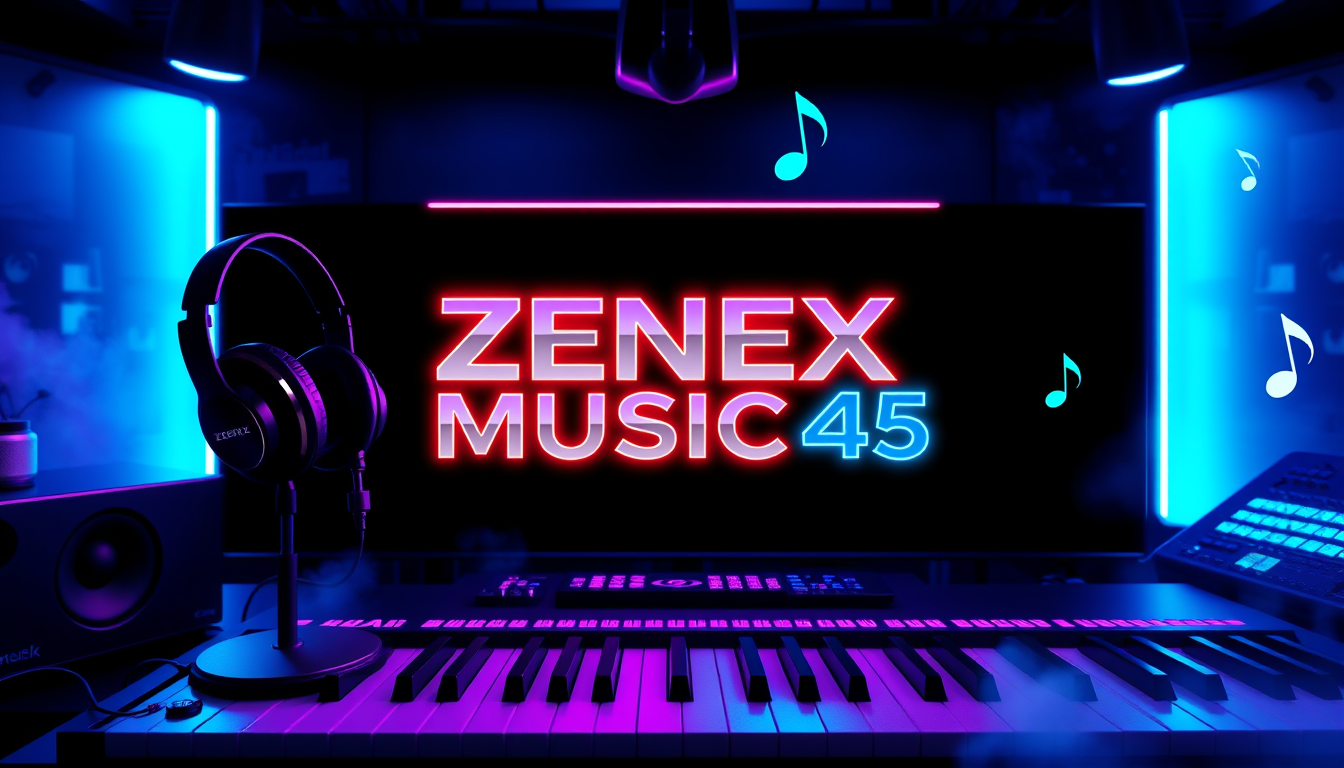 Main art studio: Create a premium YouTube banner for 'Zenex Music 45'. Use a dark black background with neon blue and purple lighting, futuristic music studio, premium