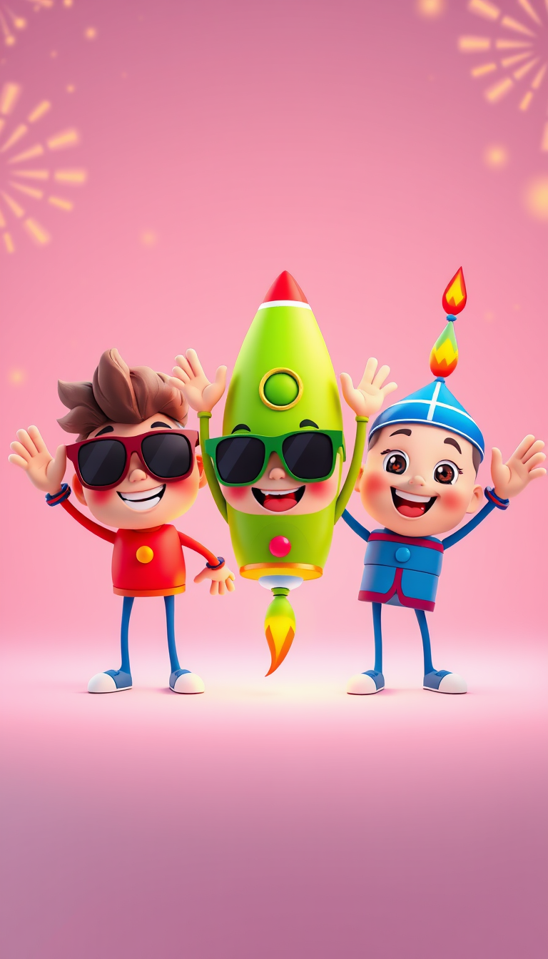 AI Art prompt example created from the prompt: Three adorable 3D cartoon firecracker friends waving at the camera with huge smiles, red hero wearing sunglasses, green rocket and blue chak