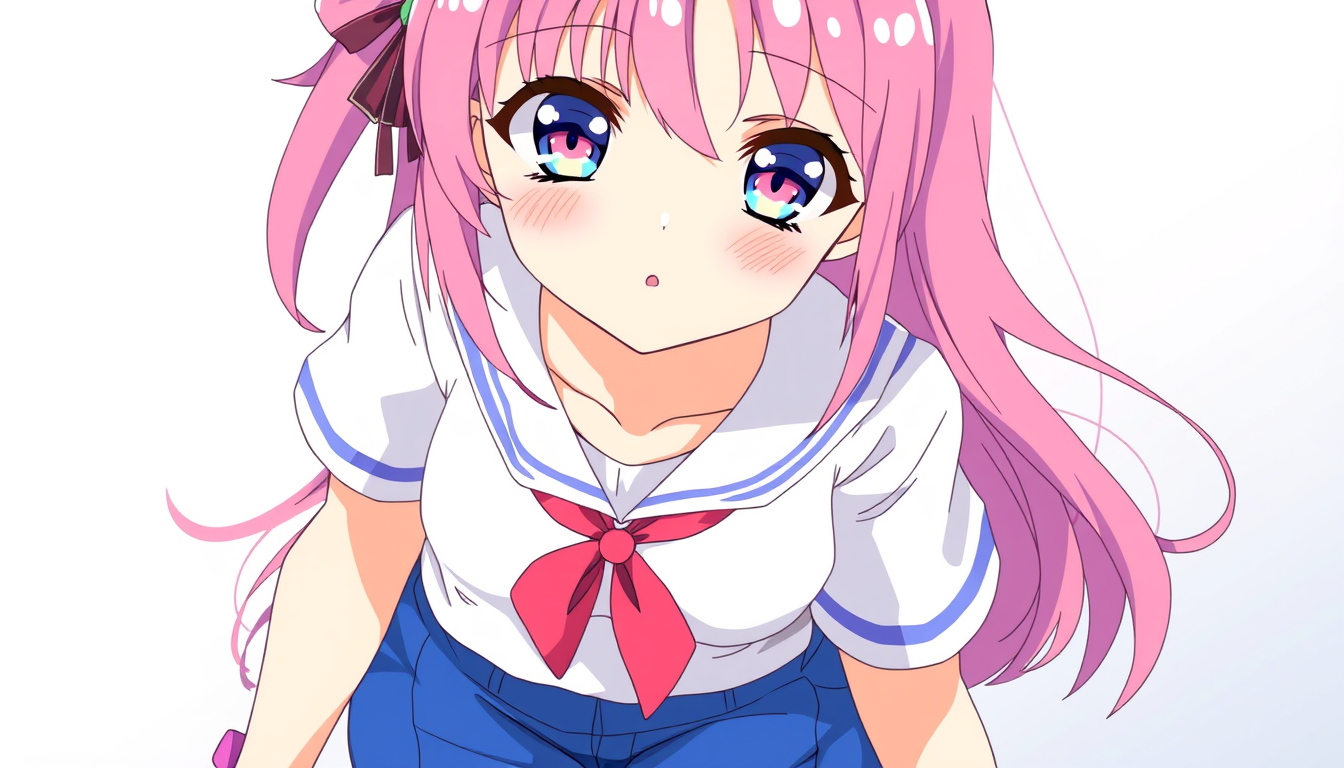 Main art studio: a anime girl, pink hair and blue pink eyes, white t shirt / school shirt with blue trousers