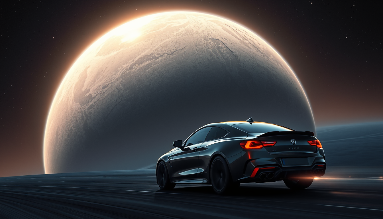 Main art studio: Fotorealistisches, hochwertiges Automotive-Bild, Querformat. Große realistische Erde im Weltraum bei Abenddämmerung, dunkler Sternenhimmel mit feinen 