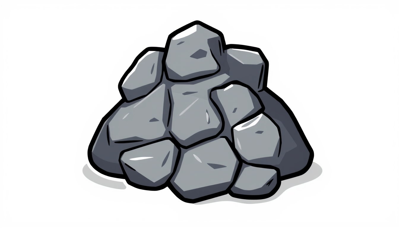 Game Asset idea created from the prompt: 2D game asset, clean isolated object, consistent art style, cartoon pile of gray rocks, thick black outline, white border, chunky shapes, ro