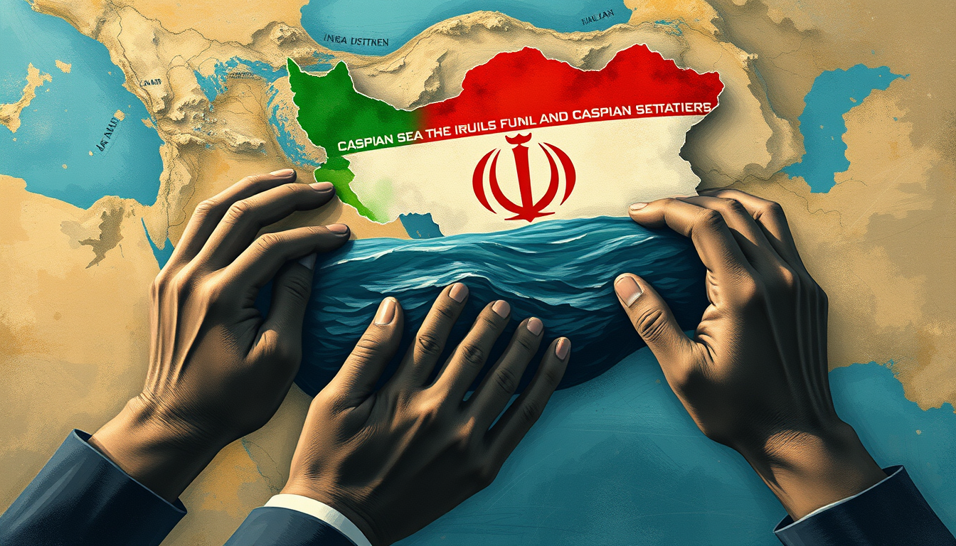 Main art studio: Surreal editorial illustration. A giant recognizable MAP OF IRAN lovingly embraces the entire CASPIAN SEA, holding it tightly like a precious part of