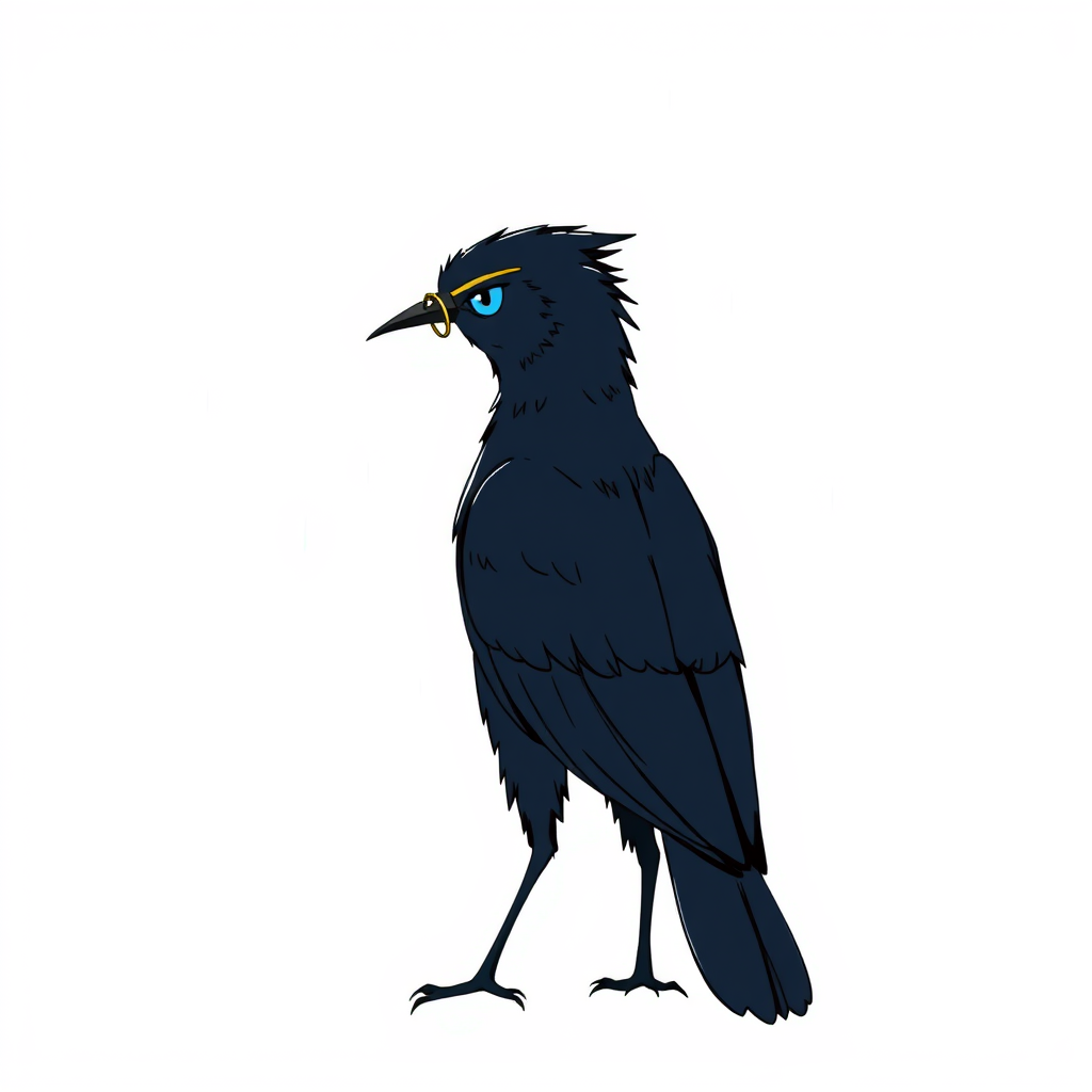 Main art studio: Image de profil. Style dessin. Corbeau anthropomorphe au plumage noir irisé bleu-violet, avec un carnet de notes sous l'aile. Œil unique visible sous 
