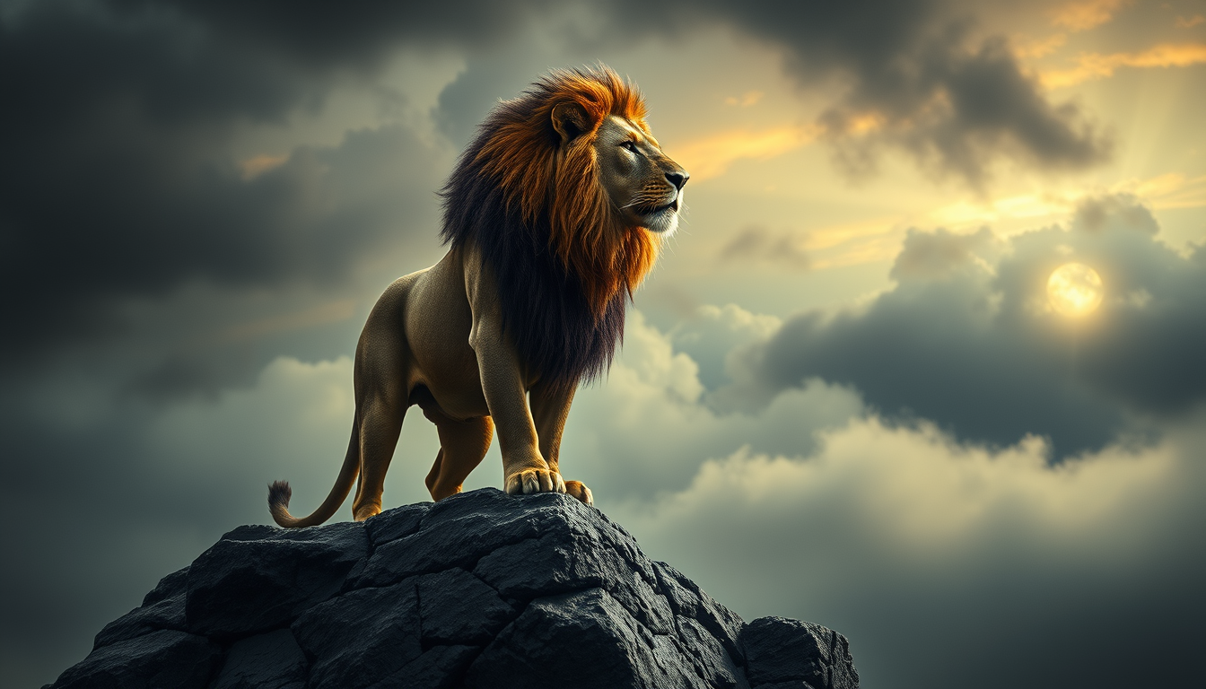 AI Art prompt example created from the prompt: A majestic powerful male lion standing proudly on a rocky platform, looking into the distance, dramatic stormy sky, powerful cinematic light