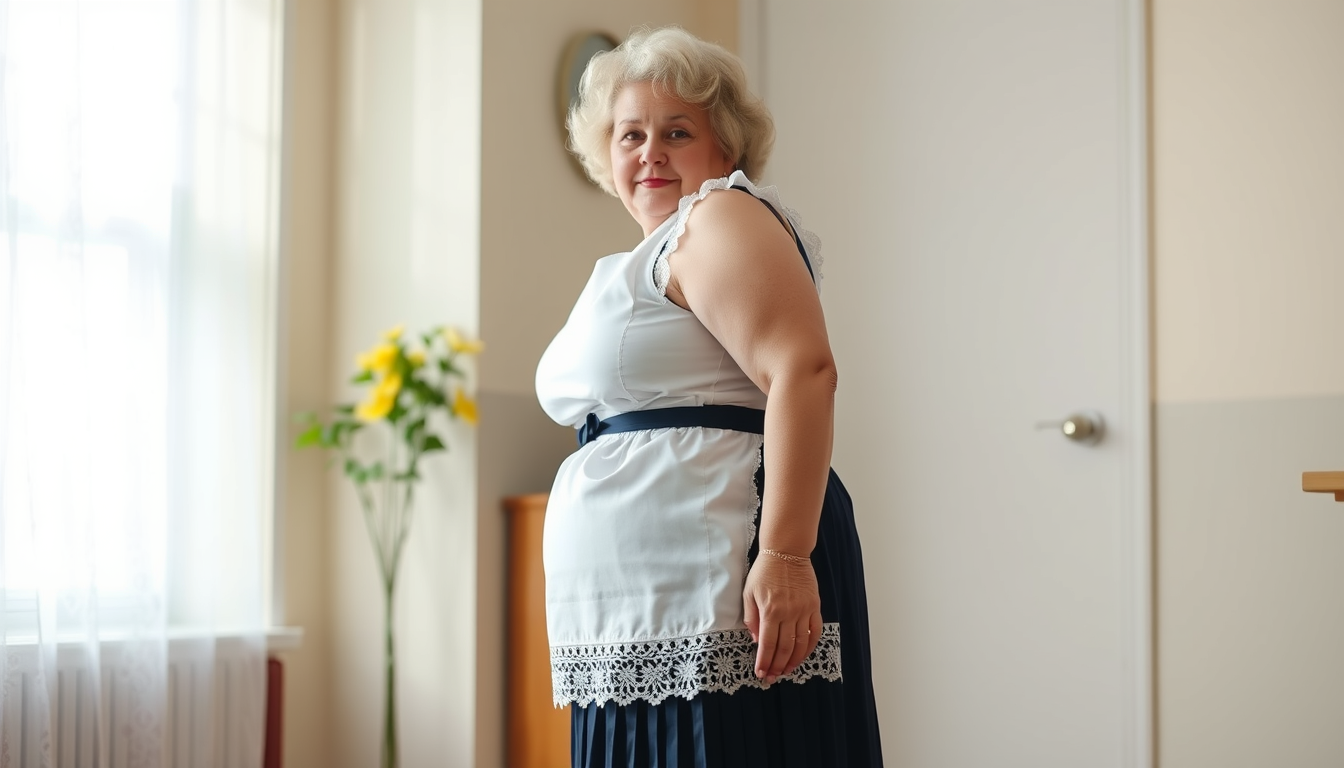 Main art studio: A curvy and busty granny with a white lace maid half apron and a darkblue pleated skirt looking from the side to the camera