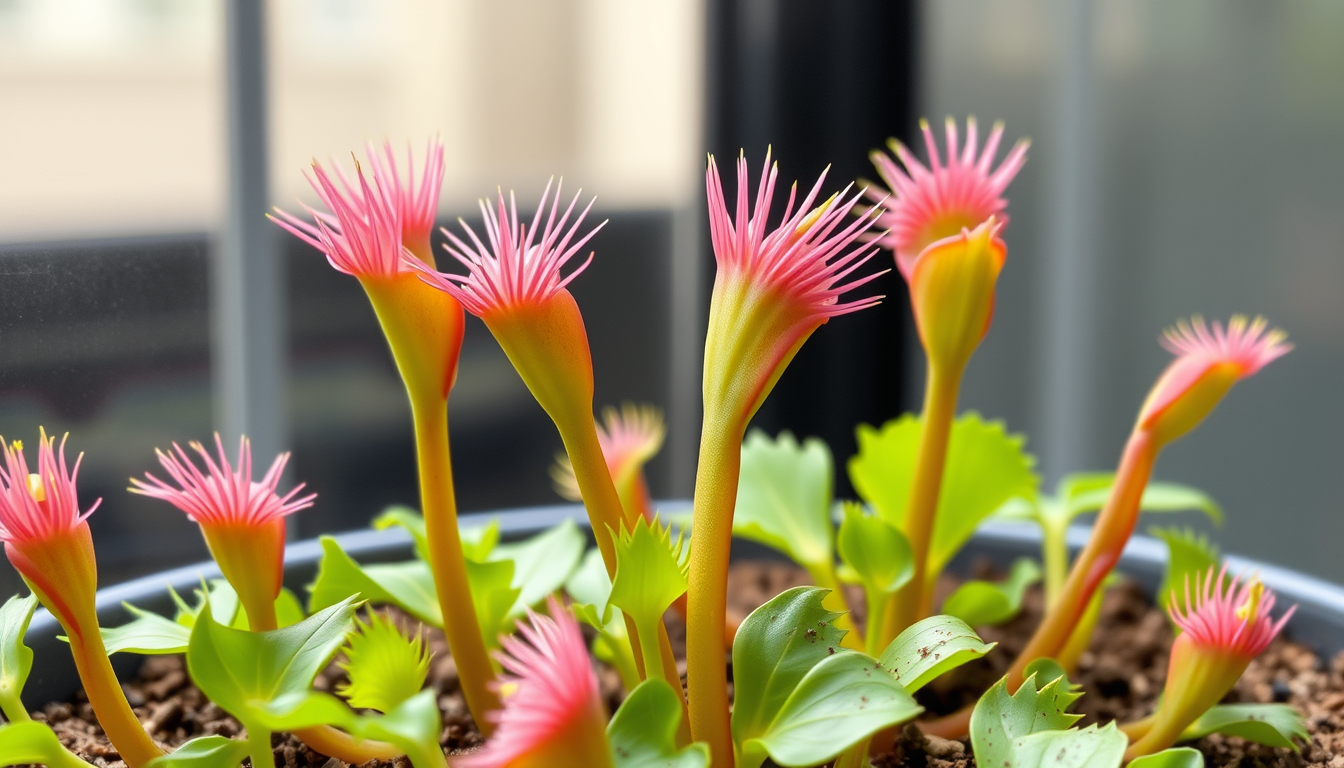 Main art studio: venus flytraps but bigger and are flatter and have a long and slim stem and are green with a pink hue and are big enough to eat rats and roaches