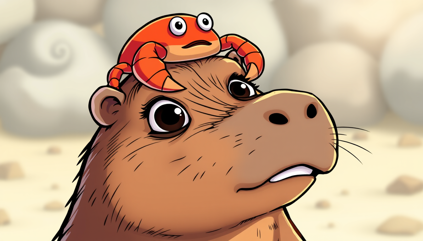 AI Art prompt example created from the prompt: A funny cartoon capybara with a cute sea crab sitting on top of its head. The capybara is cross-eyed, looking up at the crab on its head wit