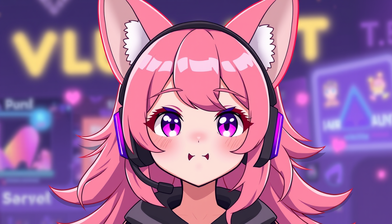 VTuber idea: vtuber avatar character, anime style, expressive face, streaming-ready design, pink-haired fox girl with headset and glowing eyes , clean vtuber model
