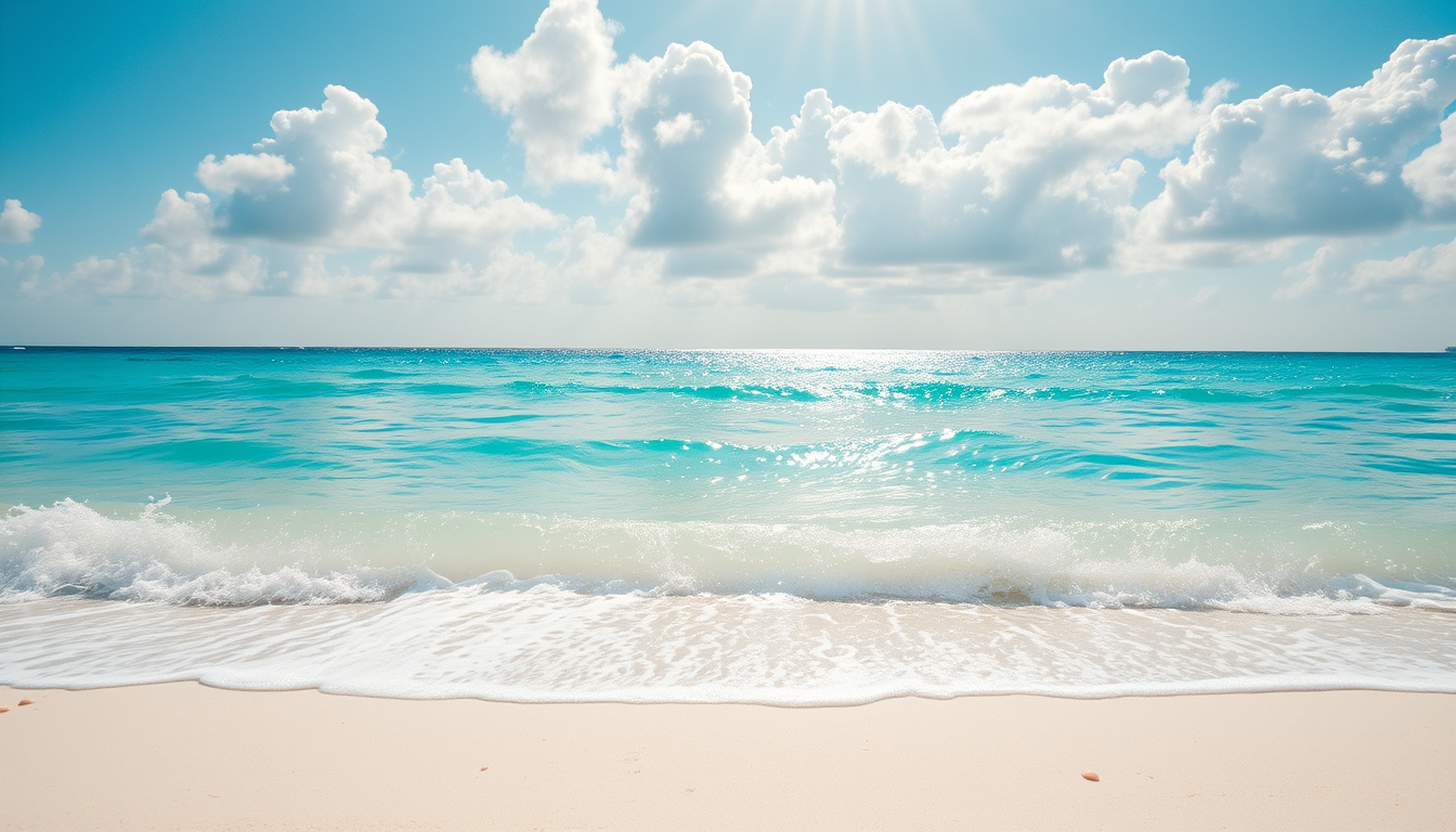 Main art studio: A bright and cheerful summer beach scene, clear turquoise ocean, soft white sandy beach, sparkling sunlight on the waves, fluffy white clouds in a bri
