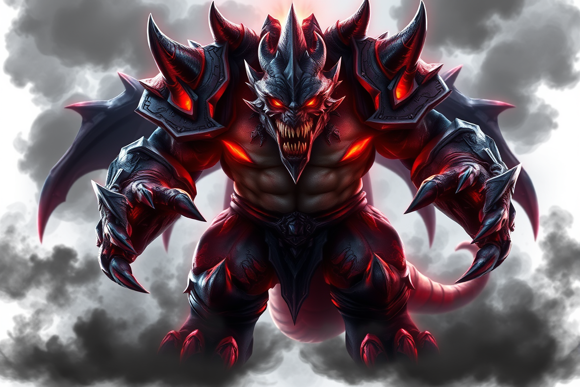 Main art studio: A powerful, intimidating boss character with a massive muscular build, glowing red eyes, dark armor, sharp claws, and a menacing aura. Surrounded by d