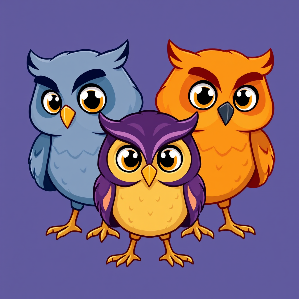 Main art studio: Create exactly three adorable 2D cartoon owls for a modern university mascot. Keep the colors: blue-gray, purple and warm orange. Give each owl a clea