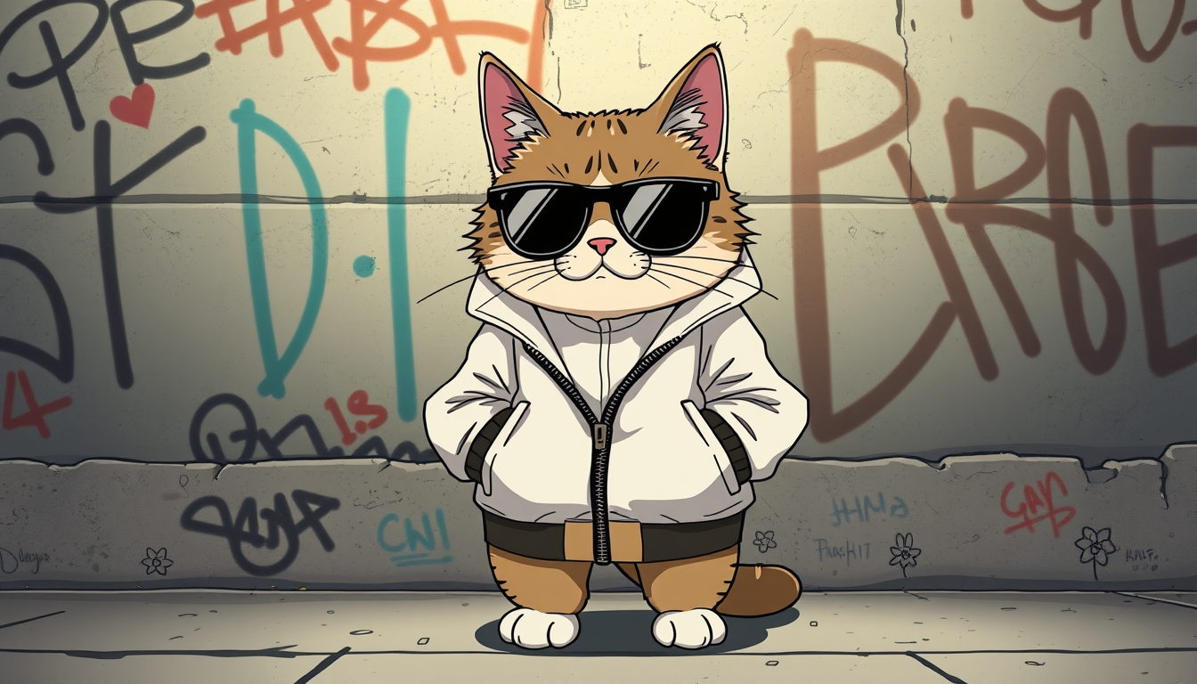 AI Art prompt example created from the prompt: Pusheen the cat wearing a white bomber jacket and sunglasses, background is wall with graffities, crossing legs and hands inside pockets, in