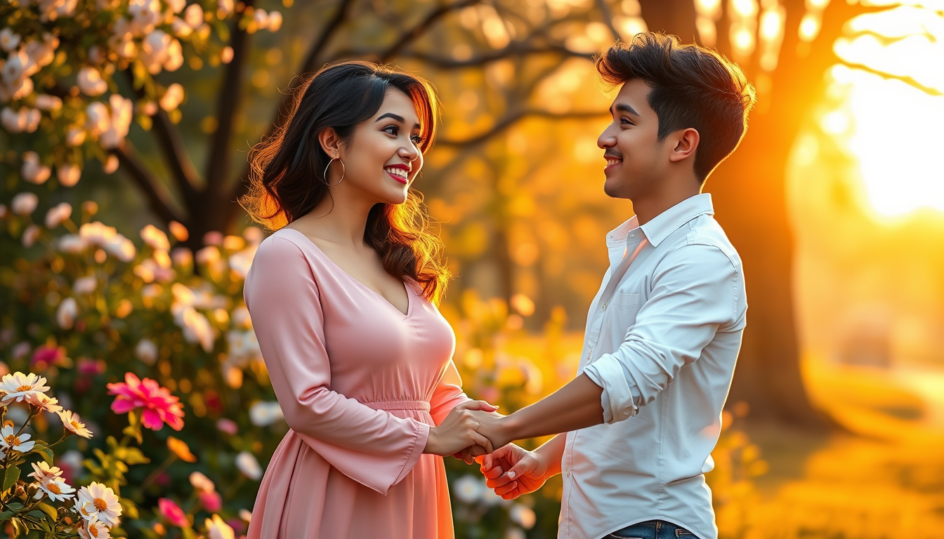 Main art studio: Here is a shorter version under 600 characters: **Realistic romantic portrait of a happy young couple in a beautiful park at golden hour. The woman is