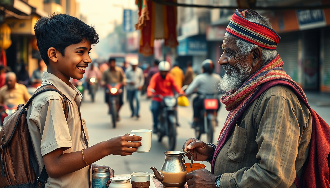 Main art studio: Same 16-year-old Indian schoolboy in the same school uniform and same backpack buying a cup of tea from the same 65-year-old Indian chai seller at the