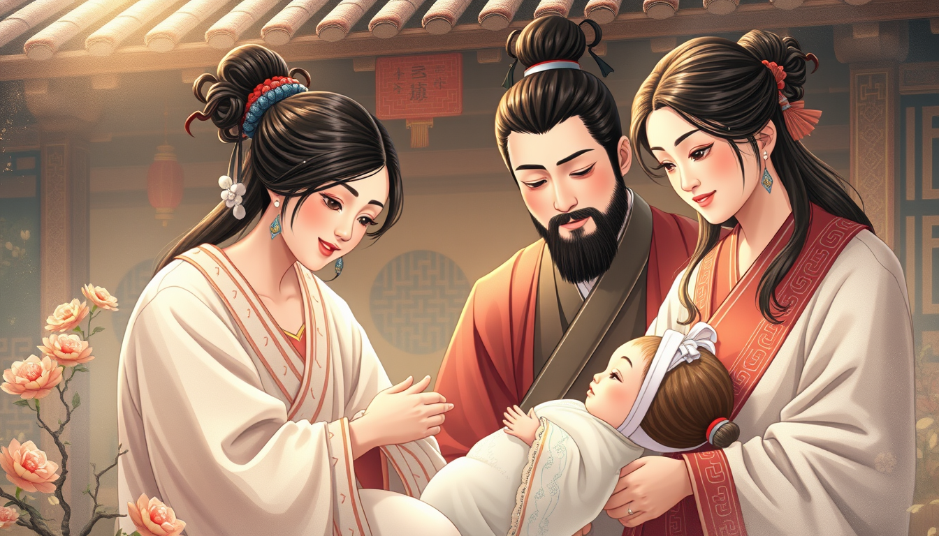Main art studio: An ancient chinese village with a nobel family where a baby girl is born. New born baby. Show the new born surrounded by family. Art style can be like