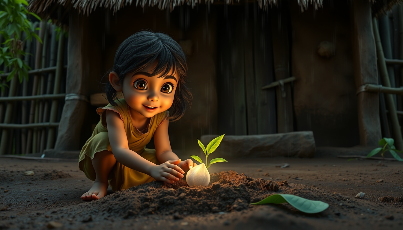 Main art studio: Young Indian village girl planting the magical glowing seed in front of her mud house with both hands, light rain falling, wet soil, bamboo fence, lus