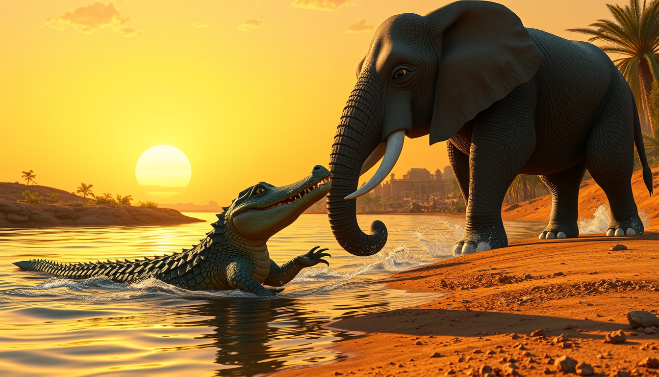 AI Art prompt example created from the prompt: Un crocodile militaire marche sur les rives du Nil, face à un immense éléphant. Le crocodile plonge soudainement dans la rivière. Égypte anc