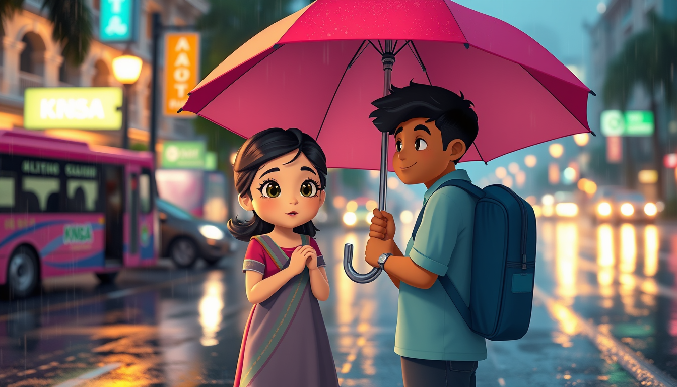 Main art studio: Cute romantic 3D cartoon style, the same beautiful young Sri Lankan girl from the previous scene standing at a rainy bus stop, a handsome young Sri La