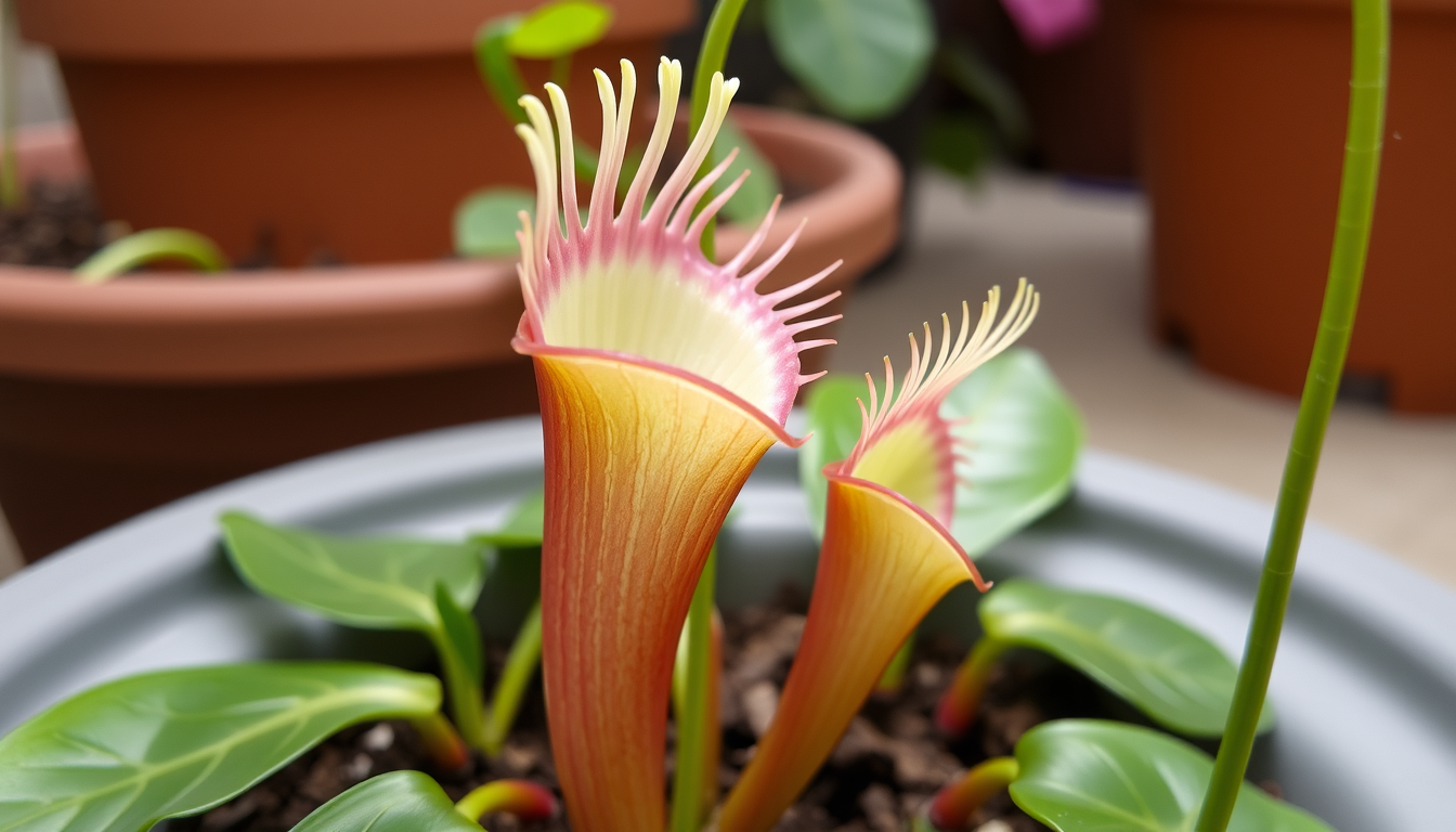 Main art studio: venus flytraps but are much bigger and taller and are flatter and have a long and slim stem and are green with a pink hue and have a surface to catch