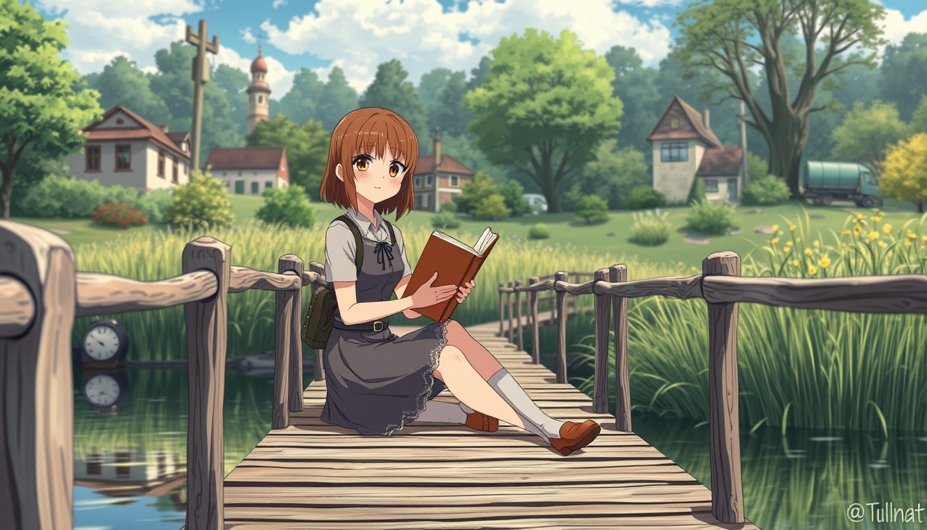 Main art studio: Eine Frau schaut ein buchen aus wie goziella sitzt auf eine brücke in Anime stile