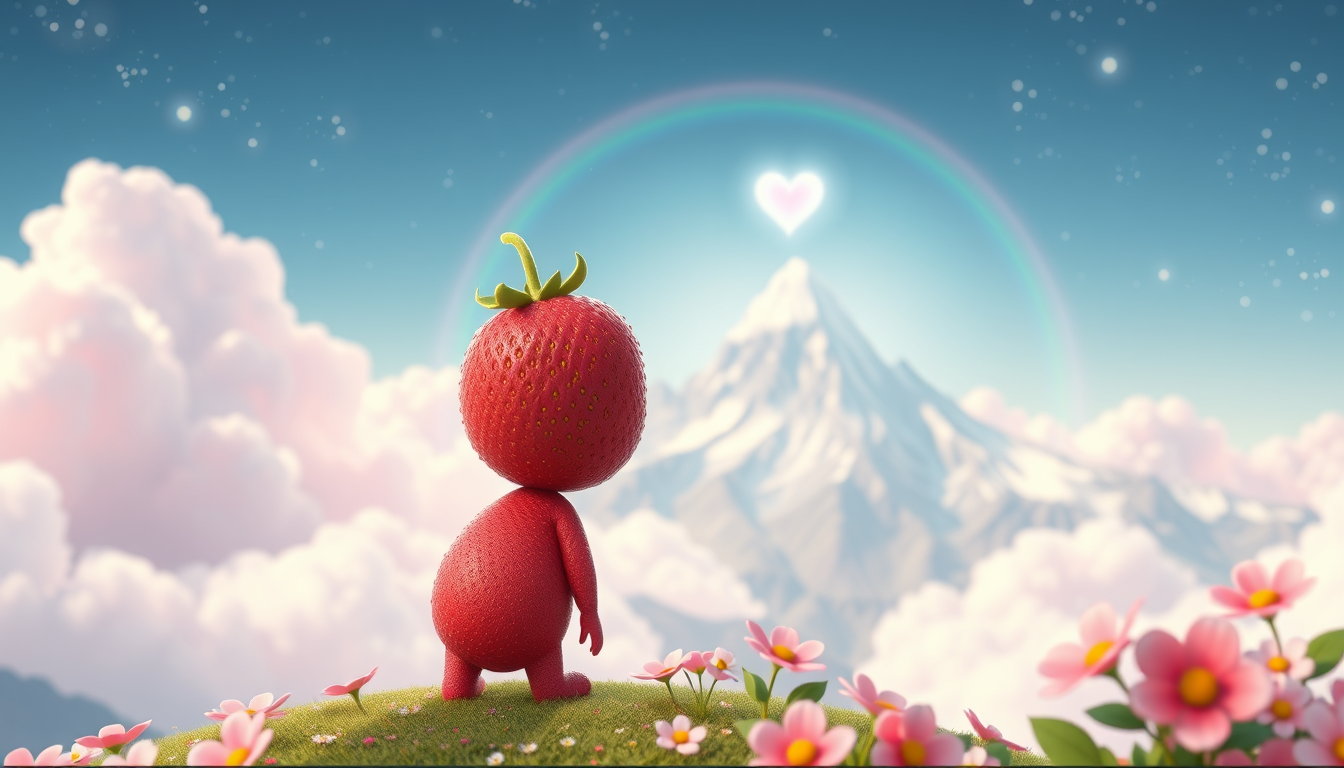 Main art studio: Une adorable petite fraise anthropomorphe avec de grands yeux brillants regarde une immense montagne depuis une colline fleurie. Monde magique pastel,