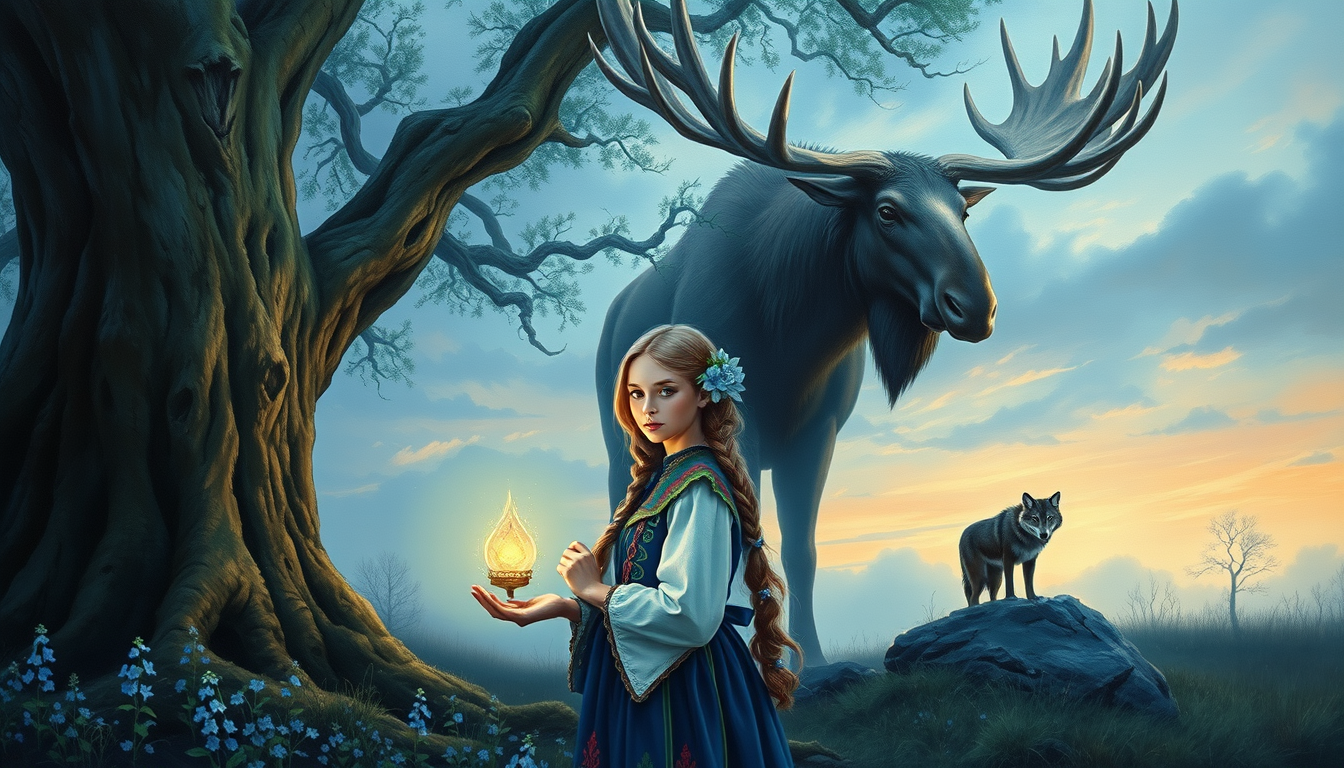 Main art studio: A magical fantasy oil painting of an Estonian sacred grove at twilight. A young woman in folk costume with long braids and blue hepatica flowers in he
