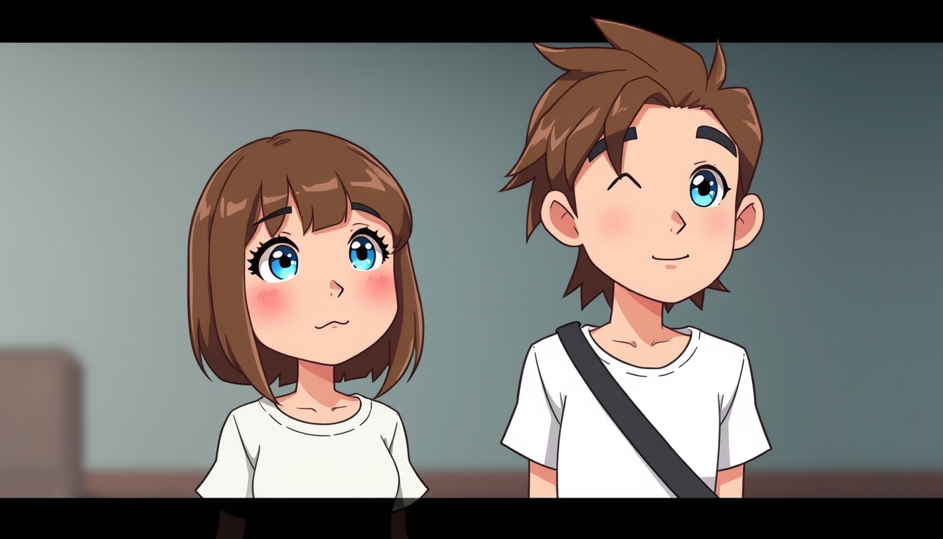 Main art studio: and girl with brunette short 2a hair and blue eyes standing in front and looking at a guy with brunette hair and blue eyes in a cute cartoon style