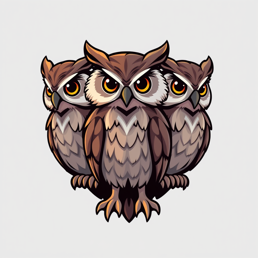 Main art studio: Create a charming 2D mascot logo with exactly three owls. refined feather details. No text or background.
