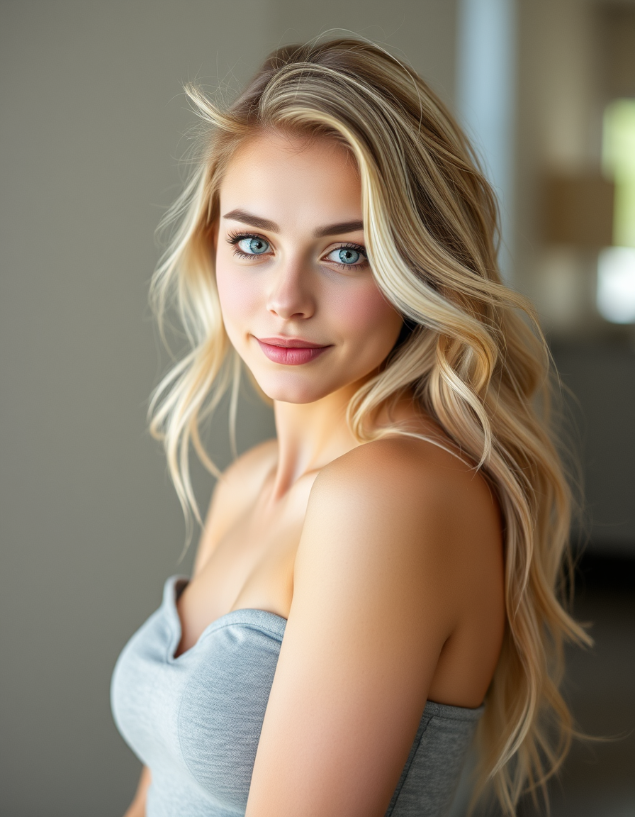 Main art studio: A 25-year-old girl with light hair and a beautiful figure, blue eyes