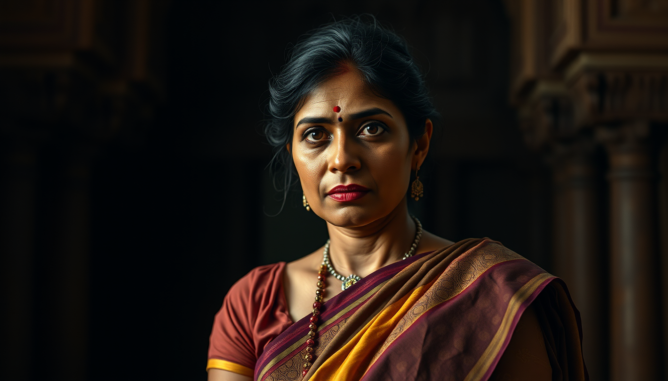 Main art studio: Ultra photorealistic cinematic 4K historical portrait of Neera Arya, fictionalized reconstruction of the Indian woman freedom fighter, wearing her tra