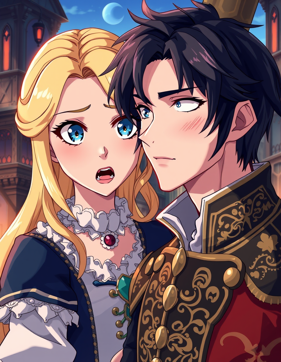 Anime idea: anime style, vibrant colors, expressive eyes, Anime fantasy art. Blonde Vivian stares at Adrian in shock, mouth open, eyebrows raised. Handsome pale p