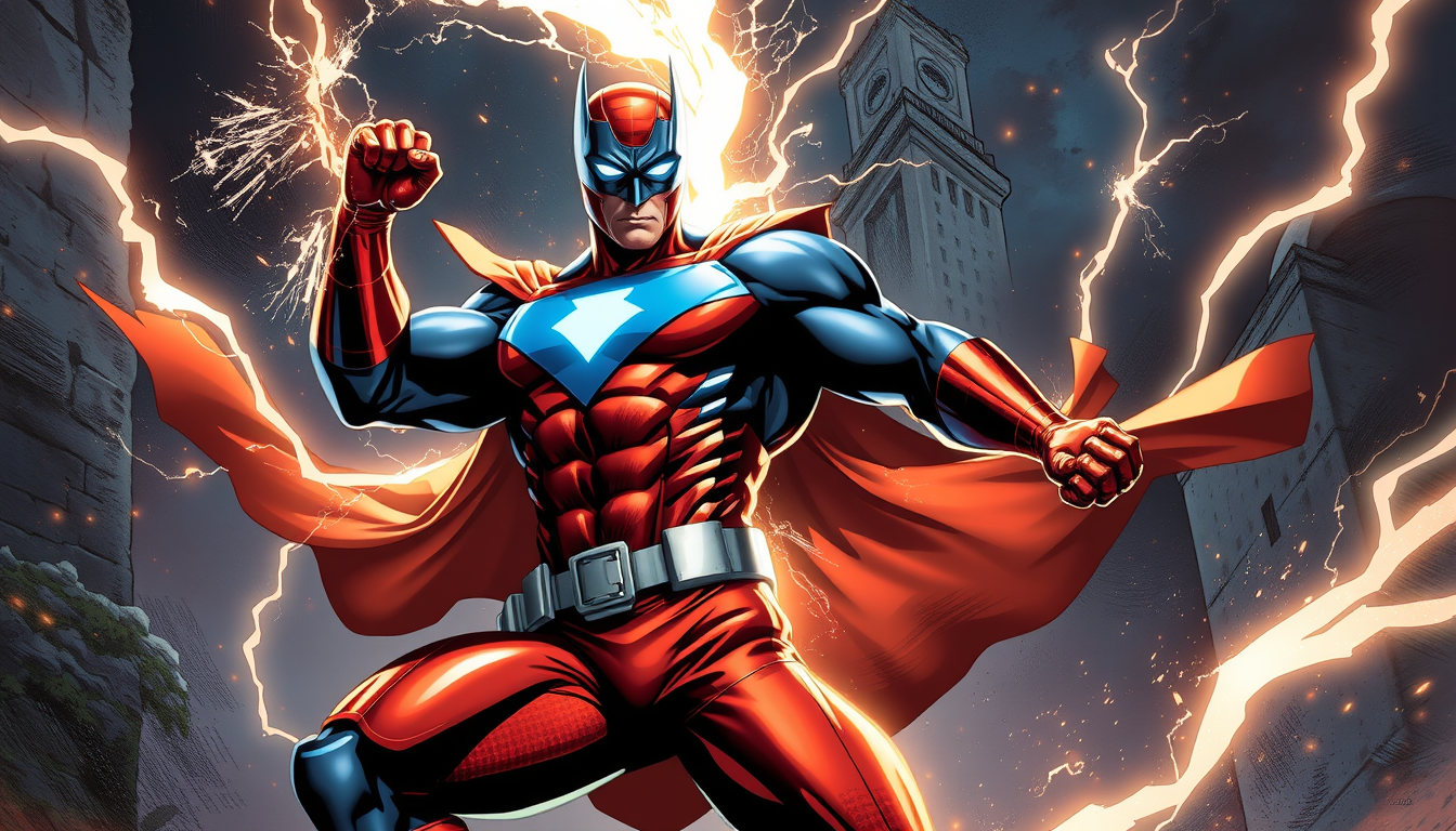 Superhero idea created from the prompt: original superhero character design, dynamic pose, bold costume, dramatic lighting, comic art energy, fais un super héros qui ressemble à un