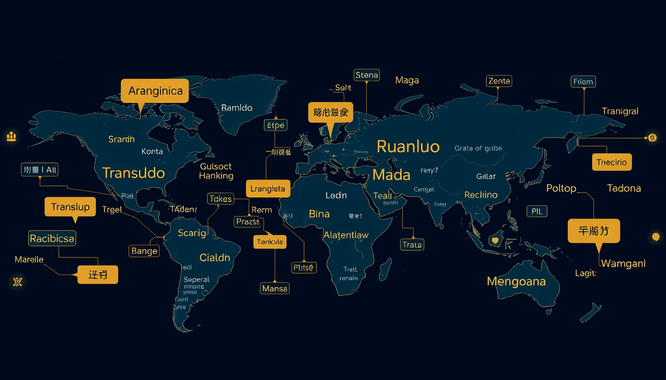 AI Art prompt example created from the prompt: A sophisticated corporate wall mural where multiple languages transform into flowing digital pathways connecting a world map, symbolizing co