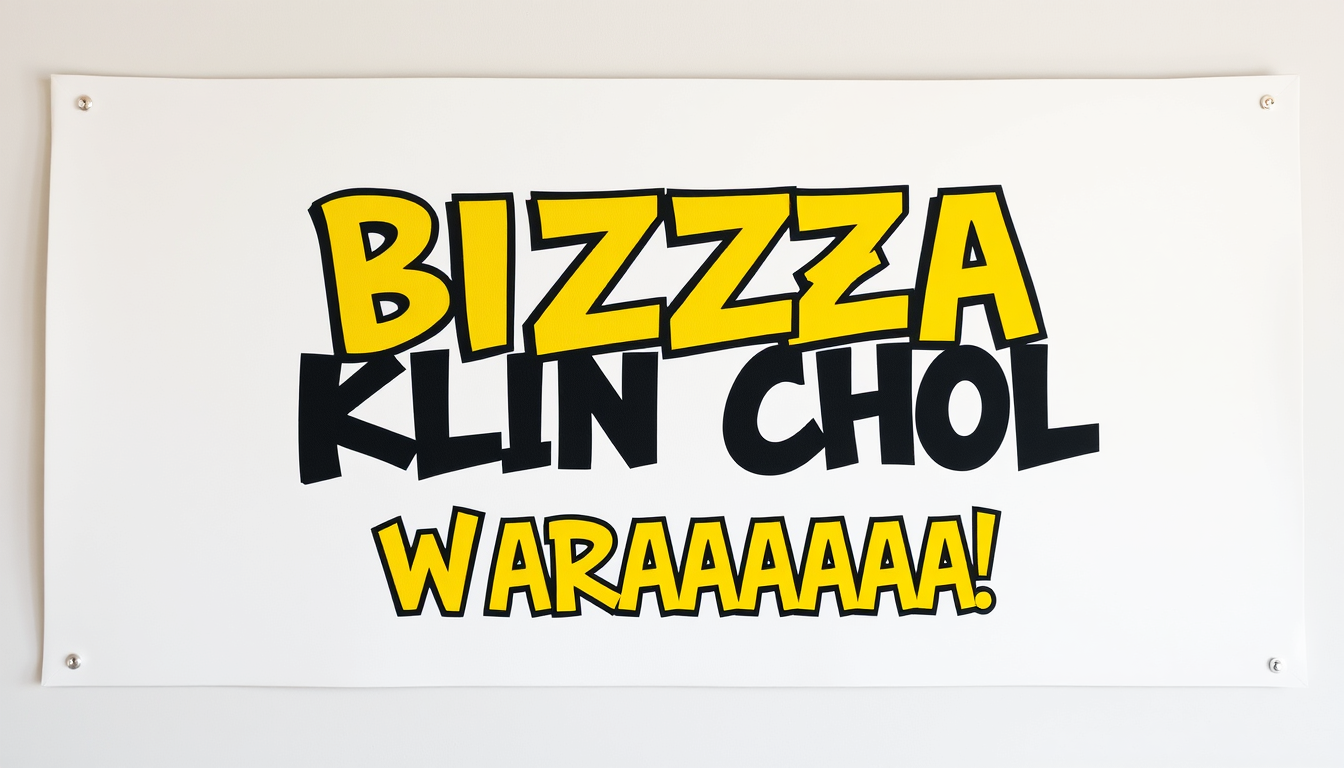 Main art studio: Create the BIZZA KLIN CHOL, WARAAAAA!! laplap design on a white canvas. Colours: yellow + black + white. Style: Extra gangsta. Make the lettering bold