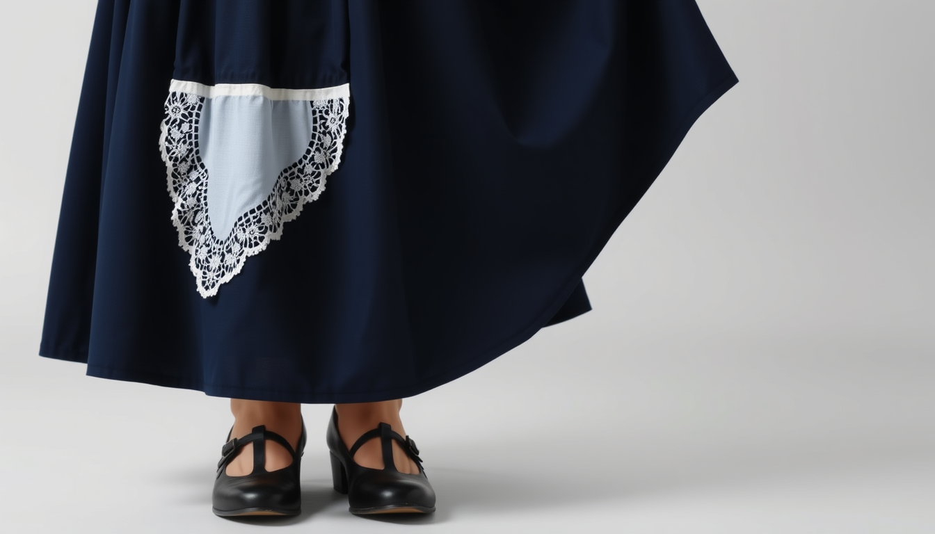 Main art studio: a mature maid with a darkblue pleated skirt and a white lace half maid apron and with black shoes