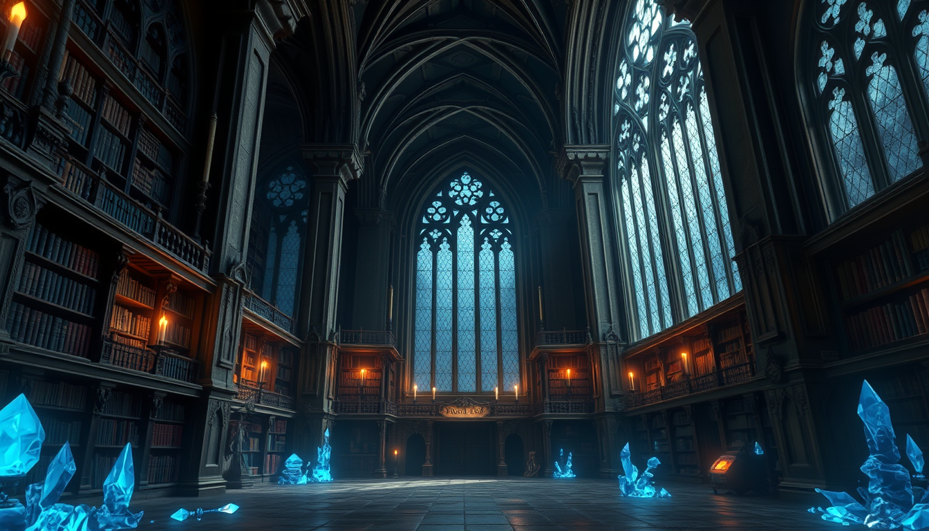 Main art studio: Dark fantasy magic academy interior, ancient gothic wizard school hall, massive stone pillars, old magical bookshelves, floating candles, blue magical