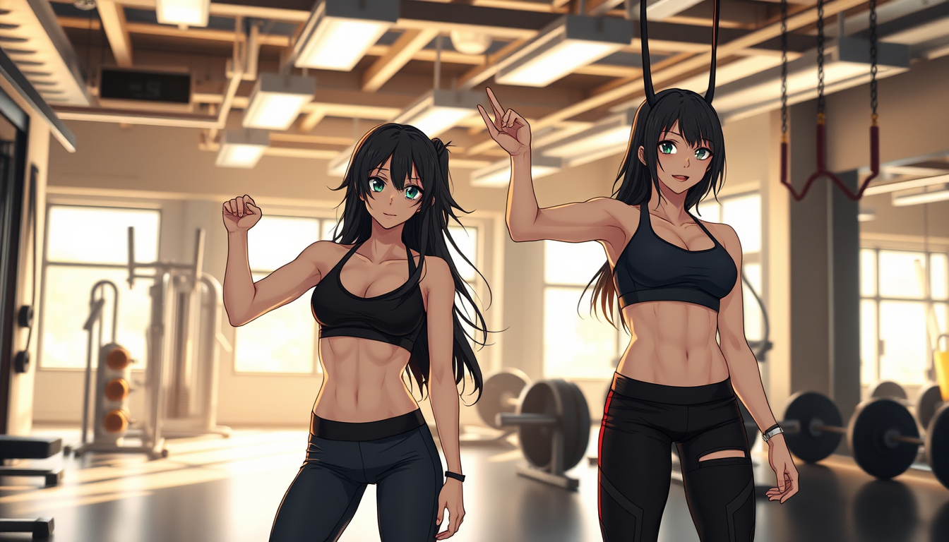 Main art studio: Mikasa Ackerman and Yoruichi Shihōin as glamorous adult fitness influencers during an intense workout in a realistic modern commercial gym. Abs toned