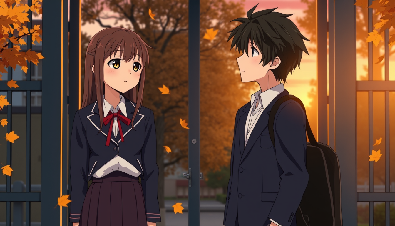Main art studio: Create Scene 11 of the original cinematic Japanese anime romance movie October Theory. At a Japanese high school gate in late October, Noni Mizuno, a 