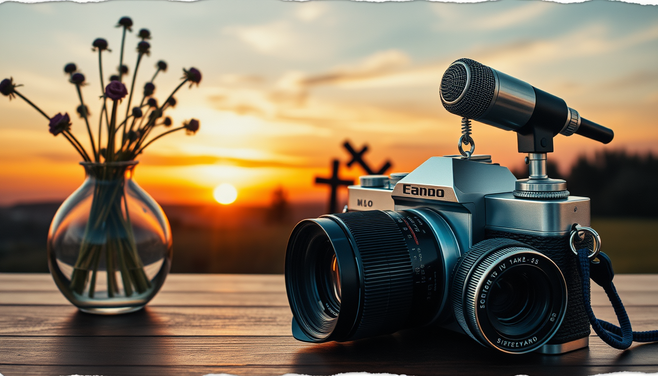 Main art studio: Eine Collage mit, Stifte& Papier oder ein Bild, schöne Vase, Camera die photos von einem Sonnenuntergang macht einen Schlüsselbund mit Schlüsseln und