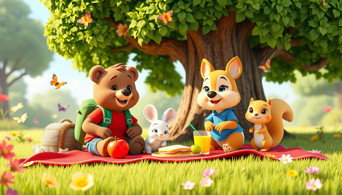 Main art studio: 3D animated children's cartoon. Bruno, the cute brown bear wearing a red T-shirt, blue shorts, and green backpack, sits with Benny, a small white rabb
