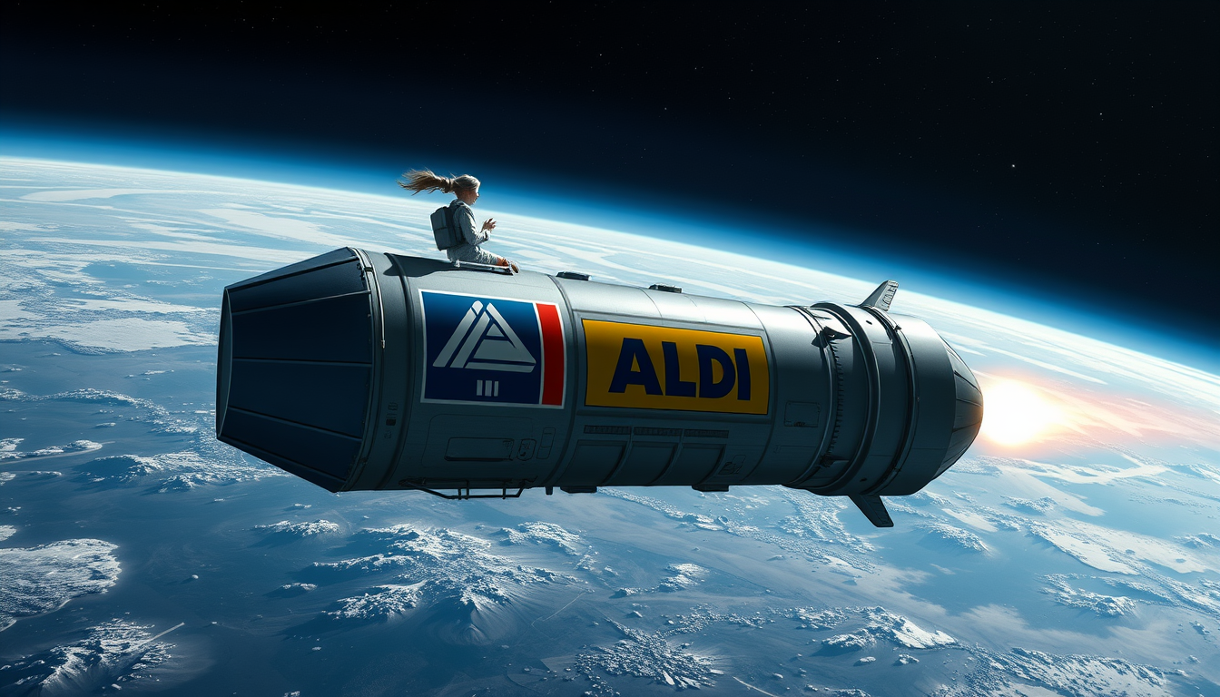 Main art studio: erstelle eine Weltraumrakete mit dem ALDI Logo und einer Frau die sich außen daran festhält. Die rakete ist auf dem Weg zum Mond