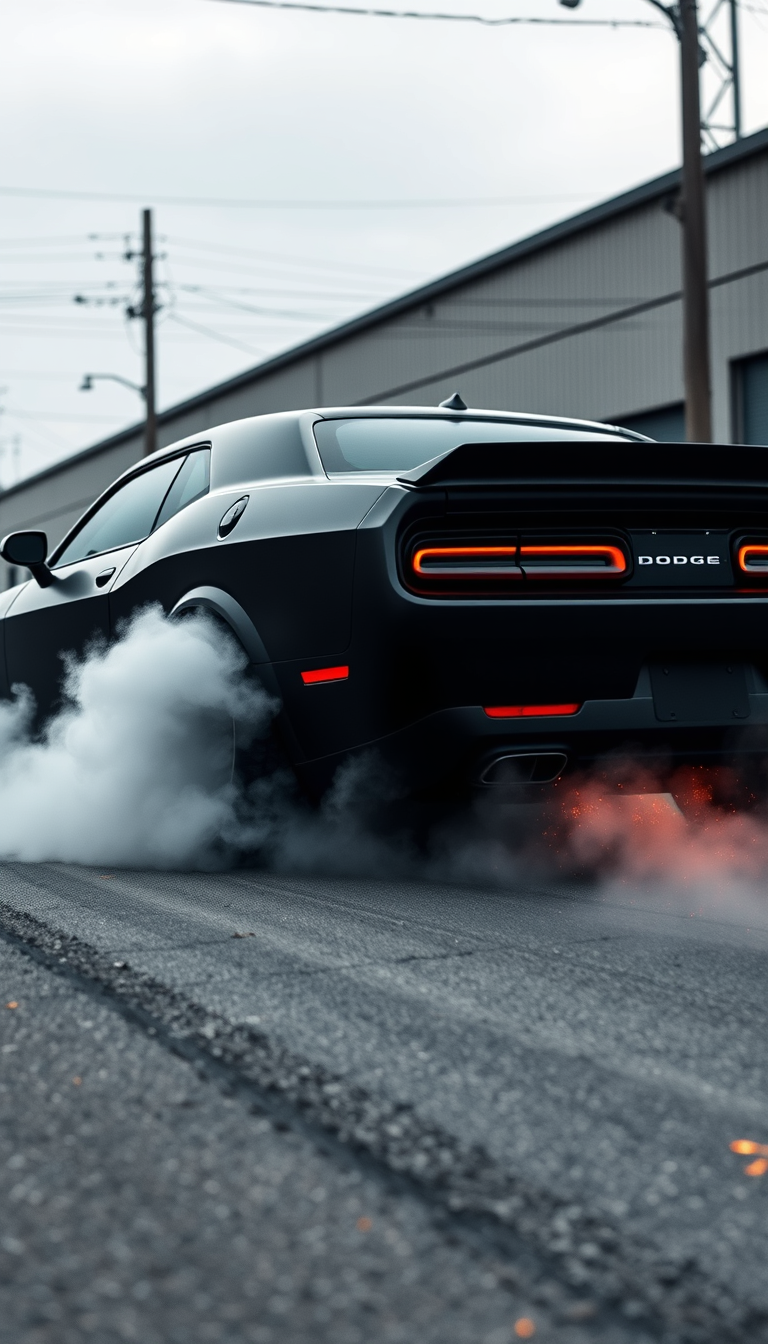 Main art studio: Vertical 9:16 mobile wallpaper, matte black Dodge Challenger performing an intense burnout on an empty industrial street, massive white tire smoke sur